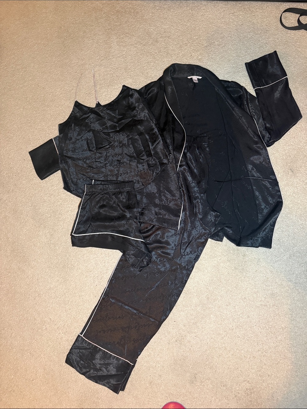 Victoria's Secret Black Satin Pajama Set with White Piping bundle of 4